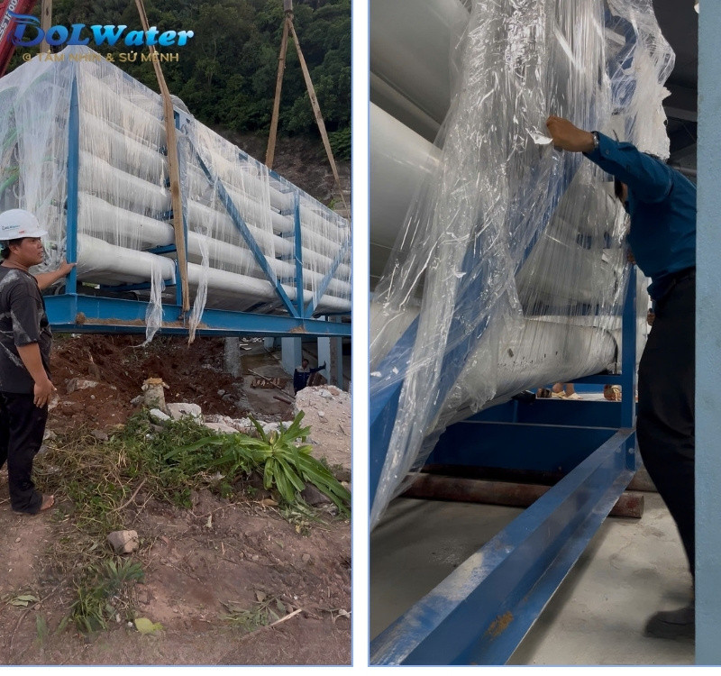 Kỹ thuật viên DOLWATER cẩn trọng kiểm tra và bảo quản các cụm thiết bị trong quá trình di dời trạm lọc nước biển SWRO 1500M3