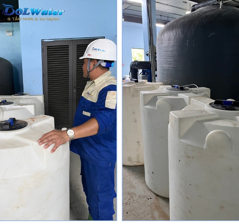 Kỹ thuật viên kiểm tra các bồn chứa hóa chất chuyên dụng trước khi bơm tuần hoàn vào màng lọc trong quy trình súc rửa cáu cặn trạm lọc nước biển SWRO 1500M3